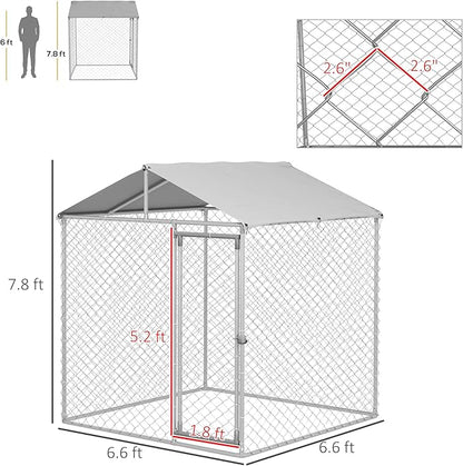 PawHut Outdoor Dog Kennel, Heavy Duty Dog Run Outdoor Fence with Waterproof Cover, Galvanized Chain Link, Secure Lock, for Large Breeds, Chickens, Ducks, 6.5' x 6.5' x 7.8'