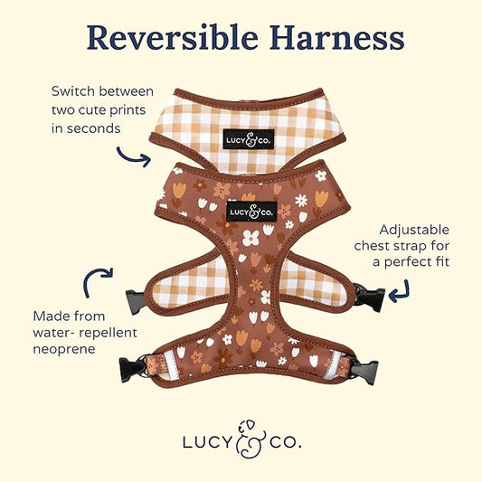 Lucy & Co. Cute Reversible Dog Harness Walking Halter - Best Designer Pet Harnesses for XS - XL Dogs - Padded Adjustable Vest for Easy Walking (Small, Chocolate Meadows - Brown & White Floral)