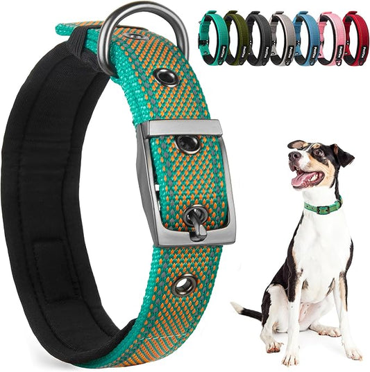 PetiFine Dog Collars for Small Dogs, Neoprene Padded and Adjustable, Reflective Wide Heavy Duty Pet Collars with Durable Metal Belt Buckle for Walking, Teal&Orange, S