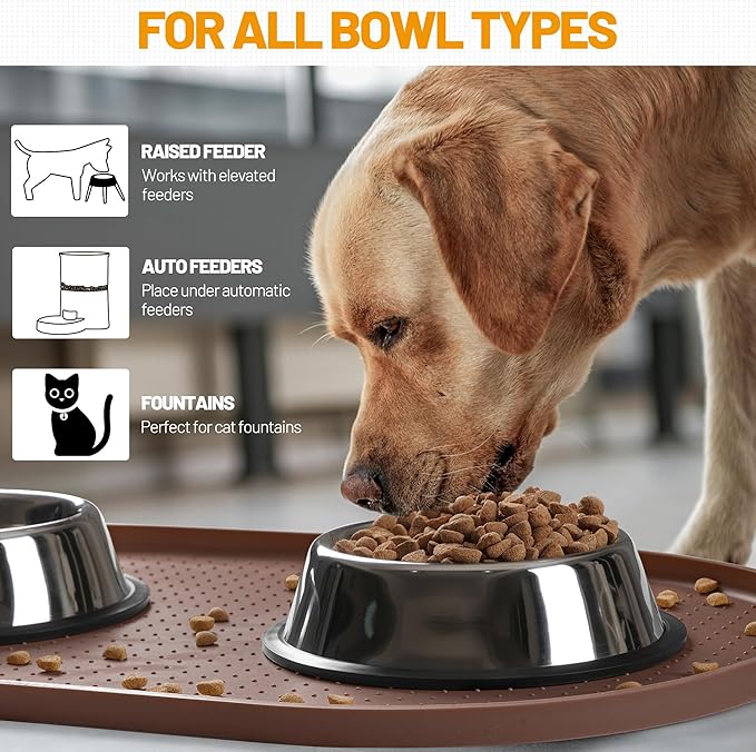 Hubulk 100% Waterproof Silicone Pet Feeding Mat with Raised Edge for Food and Water, Dog Bowl Mats, Cat Bowls Placemat with High Lip Protects Floor for Cats and Dogs (Brown, 32" L x 24" W)
