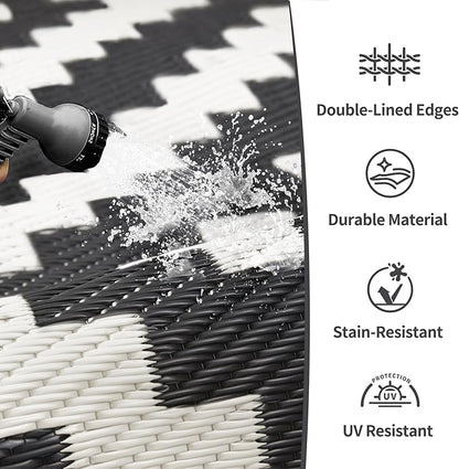 GENIMO Outdoor Rugs 8x10 Waterproof, Reversible Mats, Area Plastic Straw Rug, Outside Carpet, Geometric Rv Mat for Patio Camping Picnic Backyard Deck Balcony Porch Beach Trailer (Black & White)