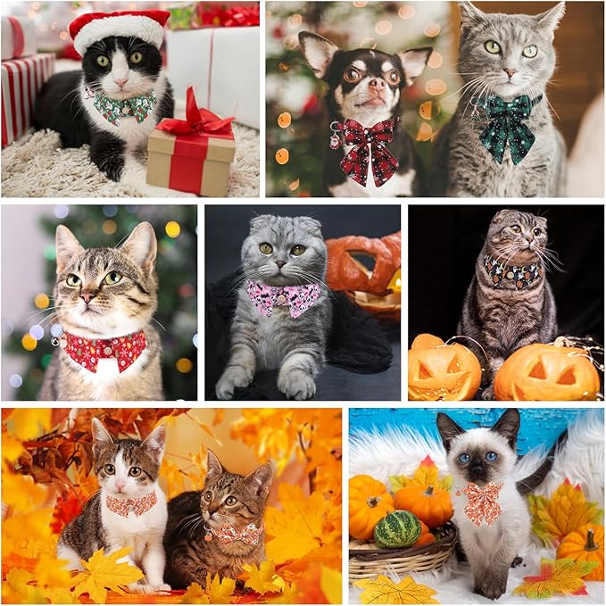 Christmas Cat Collar with Bells & Cute Pendant - Breakaway with Removable Bow Tie for Girl Boy Cats, 2 Pack Holiday Kitten Collar Safety Adjustable