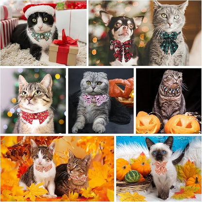 Christmas Cat Collar with Bells & Cute Pendant - Breakaway with Removable Bow Tie for Girl Boy Cats, 2 Pack Holiday Kitten Collar Safety Adjustable