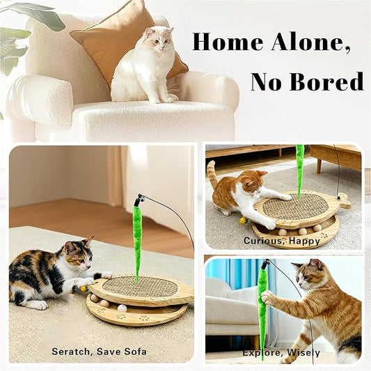 Cat Scratcher with Natural Sisal Pad, 3-in-1 Cat Scratching Board, 2-Tier Kitten Toys with Wooden Ball Track & Swing Toys -No Assembly Cats Activity Center, for Indoor and Outdoor