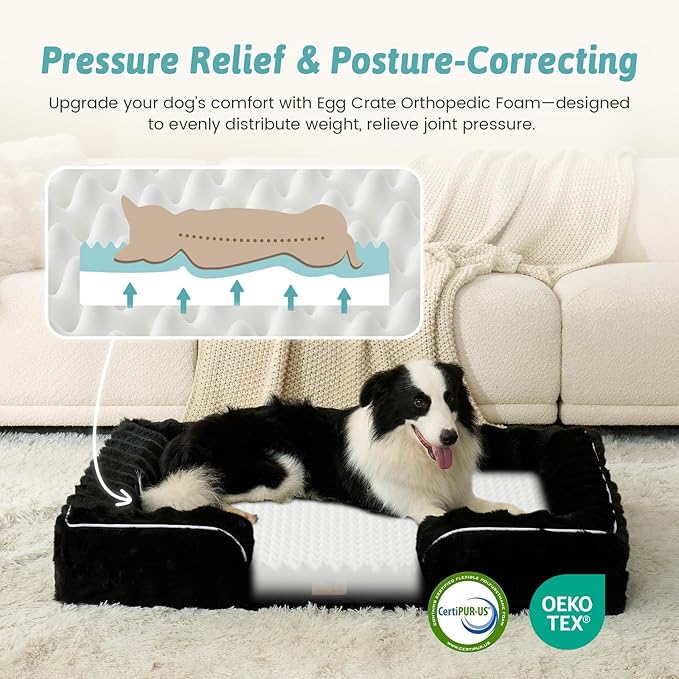 Orthopedic Dog Bed for Large Size Dog, Soft and Warm Faux Fur Extra Large Sofa for Pet Up to 100 lbs, Foam Bolster Anti-Slip Couch with Washable Removable Cover, XL 44x32x7 inch, Black