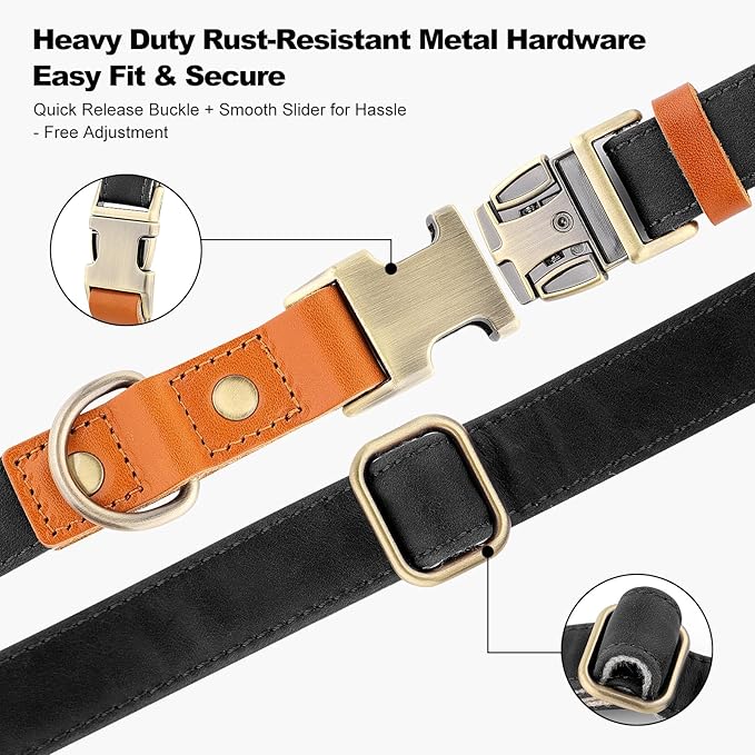 Plutus Pet Genuine Leather & Hemp Dog Collar – Adjustable Heavy Duty Pet Collar with Quick Release Metal Buckle, Soft & Stylish for Puppy and Small, Medium, Large Dogs (Black, M)