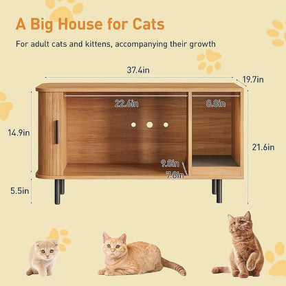 Cat Litter Box Enclosure with Cat Scratch Pad, Sliding Door, 37.4" Litter Box Enclosure Furniture Hidden Litter Box, Modern Indoor Cat House, TV Stand, Side End Table for Living Room, Natural