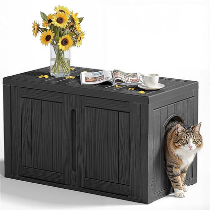 Cat Litter Box Enclosure,Multi-Functional Hidden Litter Box Furniture Cabinet with Adjustable Partition & Side End Table, Indoor Outdoor Cat House with Double Doors,Easy to Clean & Assemble, Black