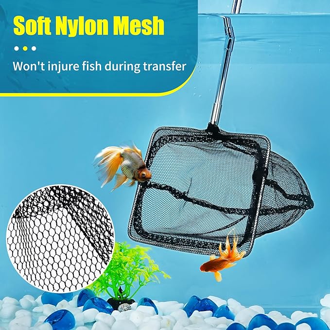 AQUANEAT Aquarium Net with Extendable Long Handle, Adjustable Wastes Skimming Cleaning Tools for Fish Tanks, 6 inch