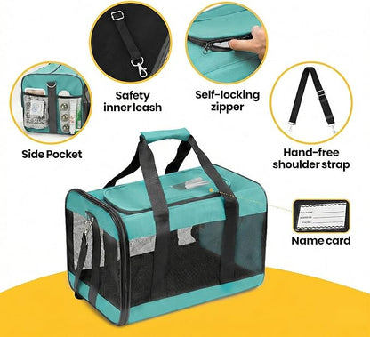 Cat Carrier Airline Approved, Soft-Sided Dog Carrier with Inner Safety Leash, Pet Transport Carrier for Small-Medium Cats Puppies up to 15 Lbs,Travel Kitten Carrier Bag -Turquoise,M