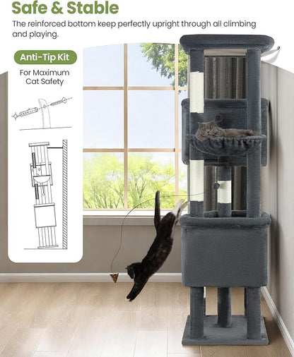 Extra Large Cat Tree, 84 Inch XXL Giant Cat Tower for Indoor Cats Large Adult 20lb+, Multi-Level Cat Climbing Condo with 5 Scratching Posts, 3 Wide Platform Perches, 2 Baskets, 2 Cat Caves, Dark Grey