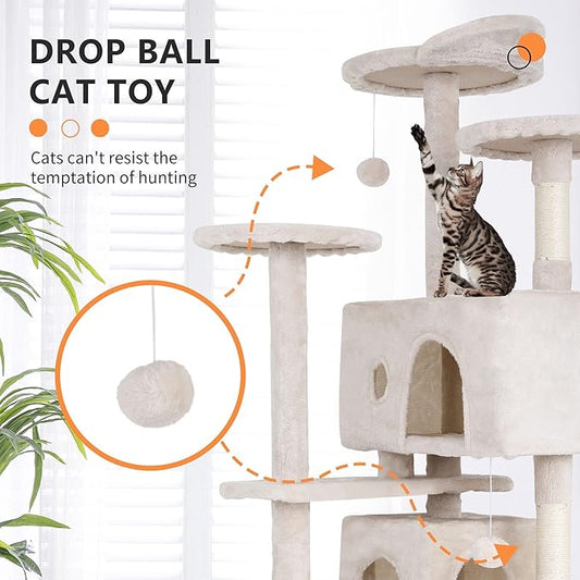 70 Inch Beige Cat Tree, Tall Cat Tower with 2 Condos, 3 Scratching Posts, Multi-Level Platforms - Sturdy Climbing Structure Tall Cat Tower for Indoor Cats