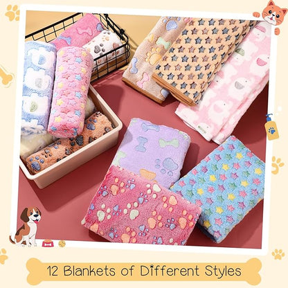 Tatuo 12 Pieces Puppy Blanket Warm Cat Dog Sleep Mat Pet Kitten Fleece Doggy Blankets with Cute Dog Paw Bone Star Elephant Patterns Printed Fluffy Blanket for Small Cat Puppy (41 x 30 Inch)