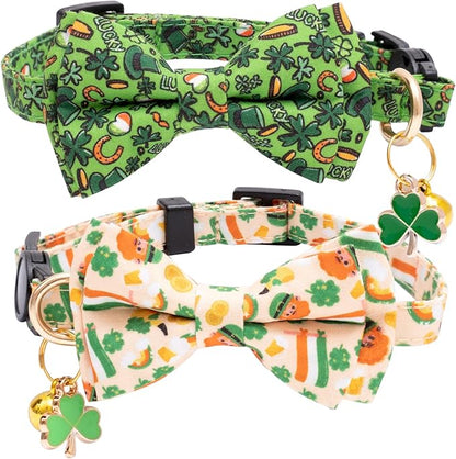 Faygarsle 2 Pack St Patrick's Day Cat Collar Cute Trefoil Gold Coin Printed Collar with Bow tie Breakaway Green Yellow Cat Collar for Boy Girl Cats
