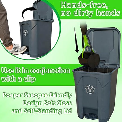 Dog Poop Outdoor Trash Can with Lid 20L/5Gal - Pedal & Removable Inner Bin, 200 Waste Bags + 1 Green Long Handle Pooper Scooper