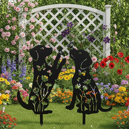 Metal Dog Garden Decor for Outside 2 Pack, 17" Puppy Decorative Garden Stakes, Black Dog Silhouette Outdoor Decor, Pet Yard Art, Weather Resistant Steel Yard Decor