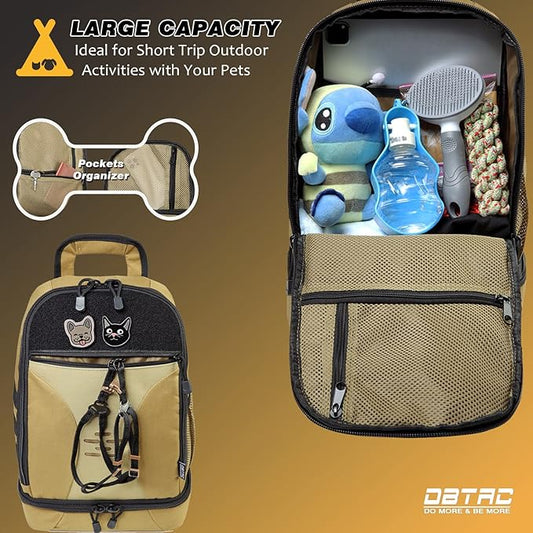 DBTAC Tactical Pet Backpack for Small Dogs & Cats - Compact Travel Bag with Insulated Pocket & 1x Detachable Food Container Included | Outdoor Hiking, Road Trip, Airplane Approved (Brown)