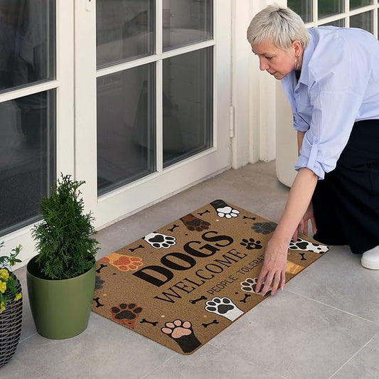 Dogs Welcome People Tolerated Door Mat, Cute Dog Paws Print Artificial Coir Front Door Mat Indoor Outdoor Entrance, Funny Dog Paw Welcome Doormat Rug for Porch Entryway Patio Decor, 17X30 Inch