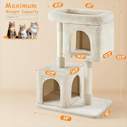 Yaheetech Cat Tree, 33.5in Cat Tower with 2 Cozy Condos, Soft Perch & Sisal Scratching Posts, Cat House Activity Center Furniture for Indoor Cats, Beige