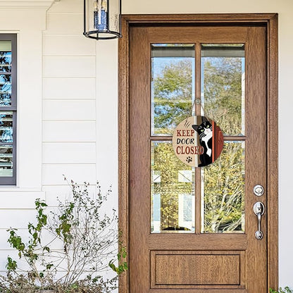 Keep Door Closed Tuxedo Cat Front Door Sign, Funny Wood Hanger Bedroom Porch Decor Pet Owner Lover Gift, Beware of Cat Wooden Wreath Indoor Wall Hanging Home Office Decoration