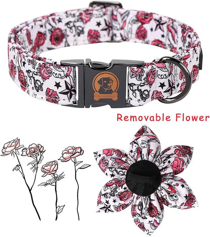 MR. CHUBBYFACE Valentine's Dog Collar with Flower-Cute Pink Rose Cotton Dog Collar, Adjustable Valentine's Boy Girl Dog Collars with Metal Buckle for Small Medium Large Dogs