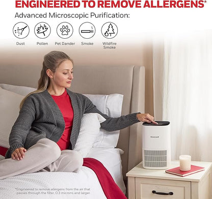 Honeywell Allergen Plus Compact HEPA Small Room Air Purifiers for Home, Up to 530 Ft² Coverage, 3-in-1 Filter, Pet Dander, Smoke & Odor Reducer Air Quality Sensor with Auto Mode, White, HPA125W