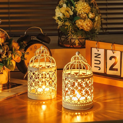 12 Pack Small Metal Tealight Hanging Birdcage Lantern Vintage Decorative Centerpieces Table Top Candle Holder Candle Lantern for Wedding Gifts Home Dinner Party Christmas (White)