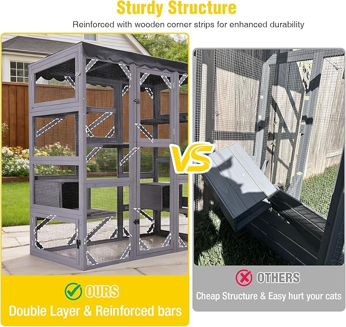 Aivituvin Catio Outdoor Cat Enclosure with 7 Platforms, 2 Resting Boxes, Large Window Cat House for 4-6 Mulitiple Cats Walk in Kitty Cage with Weatherproof Tarp Roof 70"