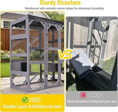 Aivituvin Catio Outdoor Cat Enclosure with 7 Platforms, 2 Resting Boxes, Large Window Cat House for 4-6 Mulitiple Cats Walk in Kitty Cage with Weatherproof Tarp Roof 70"