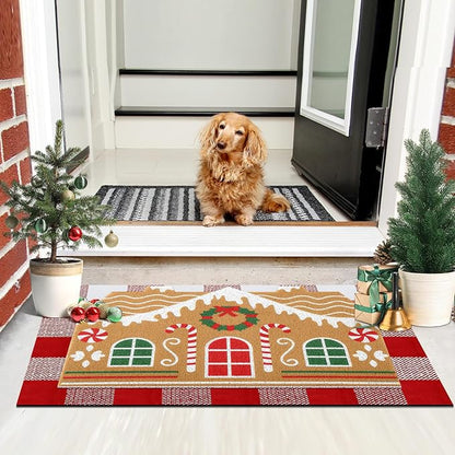 Tinideya 2 Pcs Door Mat Welcome Non Slip Coir Mats Floor Layering Doormats Seasonal for Front Porch Entryway Decor(Gingerbread House)