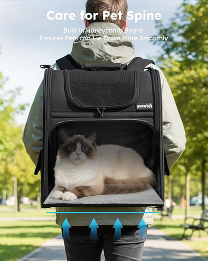 Pecute Cat Backpack Carrier XL, Expandable Pet Backpack for Cats & Small Dogs Up to 15lbs, with 4-Side Breathable Mesh, Multi-Entry & Lockable Zippers for Travel, Hiking, Camping - Hands Free, Black