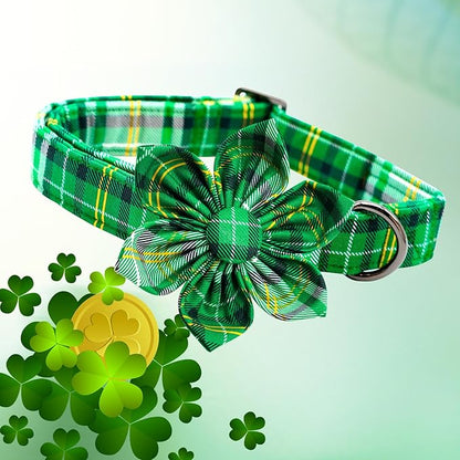 Lionheart glory St. Patrick's Day Dog Collar with Flower Dog Collar for Large Dogs, Green Plaid Cute Collars Spring Dogs Collars Flower Puppy Heavy Duty Cute