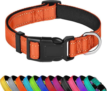 Reflective Dog Collar, Adjustable Soft Neoprene Padded Nylon Pet Collars with Buckle for Large Dogs, Orange,L