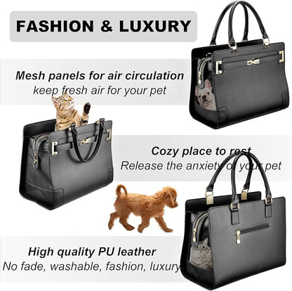 Fashion Dog Purse Carrier for Small Dogs with Shoulder Strap, Hold Up to 7lbs Quality PU Leather Pet Carrier, Cat Carrier, Airline Approved Puppy Purse Carrier for Travel (Black, Small Size)