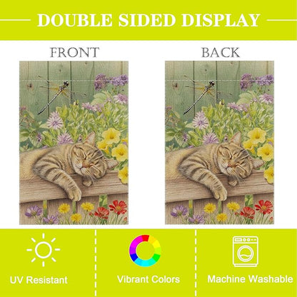 Sleeping Cat Garden Flag Double Sided Home Decorative, Spring Summer Garden Flag Lawn Yard House Outdoor Decor 12 x 18 inch