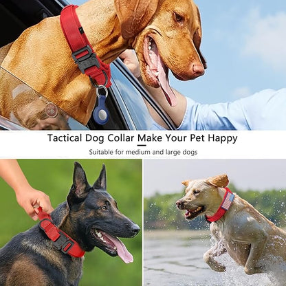DAGANXI Tactical Dog Collar, Adjustable Military Training Nylon Dog Collar with Control Handle and Heavy Metal Buckle for Medium and Large Dogs, with Patches and Airtags Case (Red, M)