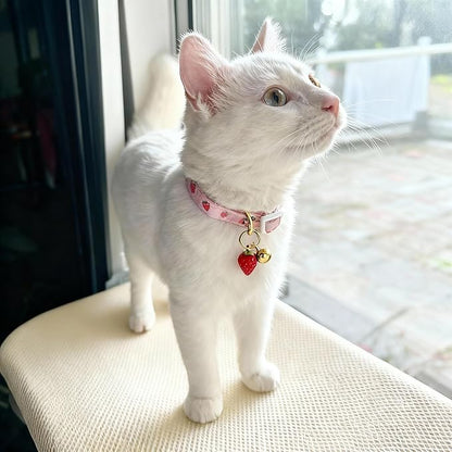 2-Pack Cotton Breakaway Cat Collar with Bell - Pink Strawberries & White Heart Pendant, Adjustable Soft Kitten Collar for Safety and Comfort