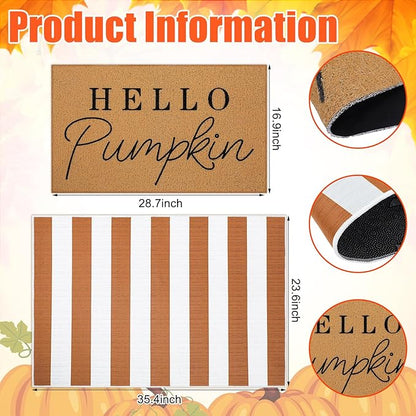 Tinideya 2 Pcs Fall Door Mat Thanksgiving Hello Pumpkin Welcome Non Slip Coir Mats White Orange Buffalo Plaid Floor Layering Doormats Seasonal for Front Porch Entryway Decor(Orange White)