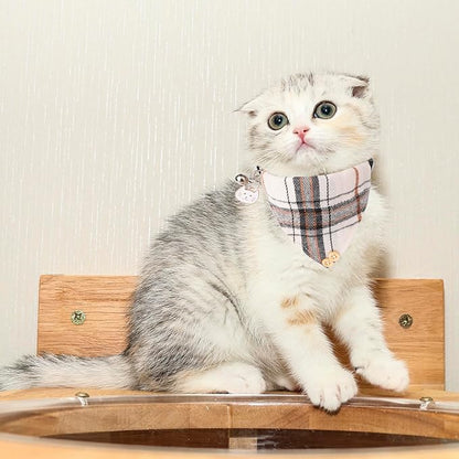 ADOGGYGO Plaid Cat Collar with Bow Bandana - 2 Pack Breakaway Kitten Collar with Removable Bowtie Bell Plaid Cat Bowtie Bandana Collars for Cats Kittens (Beige)