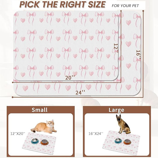 Cute Pink Bow Dog Food Mat for Floors,Heart Absorbent Pet Food and Water Bowl Mats,Non-Slip Pet Feeding Mat,Pet Supplies 16" x 24"