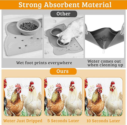 Chicken Rooster Dog Cat Food Mat,Green Grass Absorbent Waterproof Placemat for Food and Water Non Slip Rubber Backing Durable Feeding Pad for Clean Floors 16" x 24"