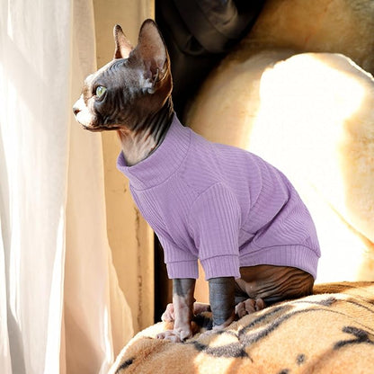 PUMYPOREITY Stretchy Cat Shirt, Sweater With Sleeves, Soft Clothes for Sphynx Hairless Cats, Devon Rex - Purple, L