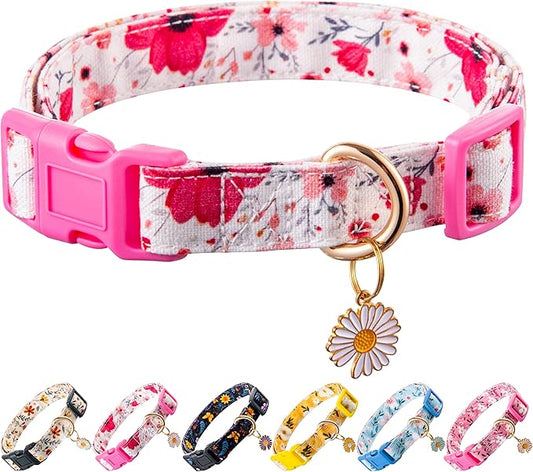 Cotton Dog Collar Light Pink Flower Pattern for Boys and Girls Cute Dog Collars Summer Fall Gift Adjustable for Small to Medium Breed Dogs (S)