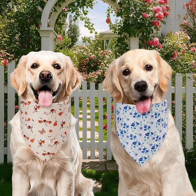 Spring Dog Bandanas Small 2PCS, 4 Pattern Summer Floral Scarf for Boy and Girl, Triangle Reversible Bibs Breed for Puppy Pets