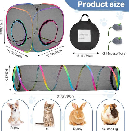 Outdoor Cat Enclosures Portable Cats Tunnel with Carry Bag Breathable Kitty Tent Outdoor with 2 Mouse Toys Outside Cat Enclosure for Indoor Cats (2 Cubes + Run Tunnel)