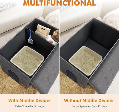 Cat Litter Box Enclosure Furniture for Odor Control, Hidden Cabinet Cats Litter Ottoman with Flip-Up Lid,Cat Litter Box Bench with Storage Space, Dog Proof(Grey, Large)
