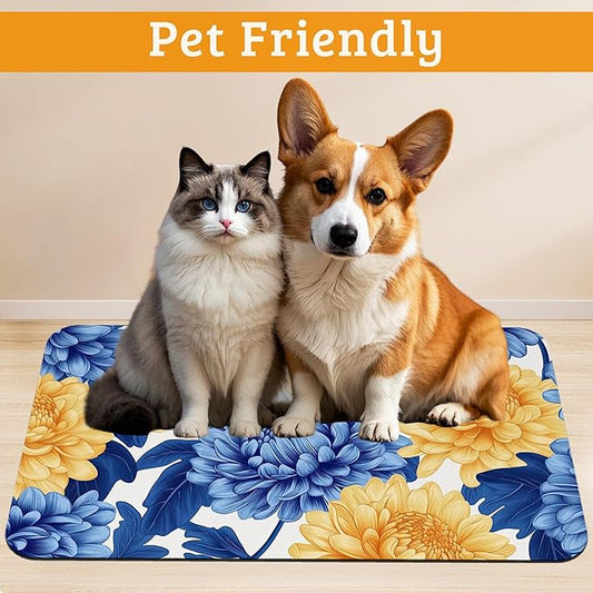 Blue Yellow Flowers Dog Food Mat,Absorbent Pet Feeding Mat for Food and Water Bowl,Quick Dry Dog Placemat Non Slip Rubber Backing Waterproof Pet Supplies 16" x 24"