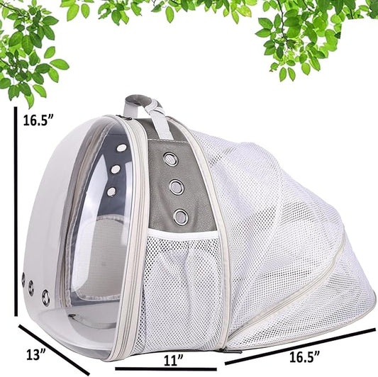 Expandable Carrier Backpack for Kitten Bunny and Small Puppy, Vented Transparent Space Capsule Astronaut Cat Bubble Window, PU Leather Grey Vet Carry Bag