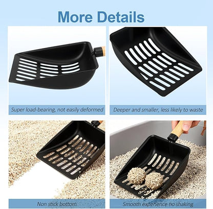 Cat Litter Scoop, Metal Litter Scoop, Heavy Duty Metal Cat Scooper for Litter Box, Black Sifter Scoop for Pellets, Wooden Handle Scoop with Hole, Kitty Necessity (9.8" Handle)