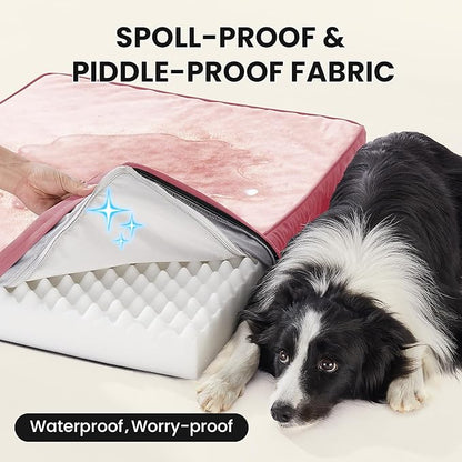 OhGeni Orthopedic Waterproof Dog Bed for Medium Large Dogs, Machine-Washable Removable Cover in Easy-Clean Fabric, High Density Foam & Easy-Carry Handle, Wider and Larger, 36 inch (Pink)